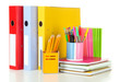 Bright office folders and different stationery isolated on