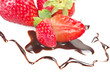 Strawberry with chocolate close up on the white