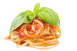 fork with spaghetti sauce and basil on white