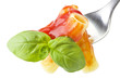 fork with macaroni sauce and basil on white
