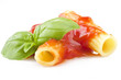 Maccaroni sauce of tomatoes and basil on white 1