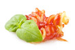 Fusilli sauce of tomatoes and basil on white