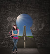 Beautiful female student standing in front of keyhole of success