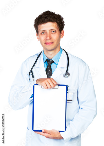 Photo: Male doctor showing clipboard with copy space for text Male doctor showing clipboard with copy space for text