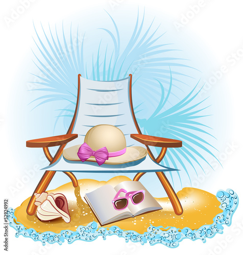 Vector: seaside summer holiday background with palm,chair,umbrella,book seaside summer holiday background with palm,chair,umbrella,book