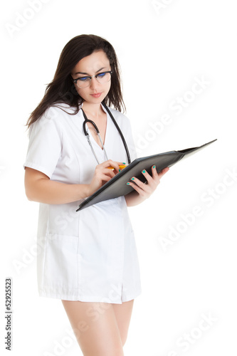 Photo: Smiling medical doctor woman Isolated over white background. Se Smiling medical doctor woman Isolated over white background. Se