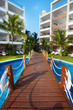 Bridge and swimming pool at caribbean resort.