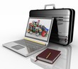 Illustration: silvery laptop, notepad and pen with black brief-case silvery laptop, notepad and pen with black brief-case