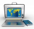 Illustration: silvery laptop and notepad with business brief-case silvery laptop and notepad with business brief-case