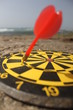Red dart stuck in a target board, at the beach