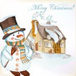 Christmas background with hand drawn snowman and little house