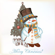 Christmas greeting card with snowman and Christmas tree