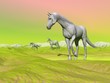 Illustration: Horses in green landscape - 3D render Horses in green landscape - 3D render