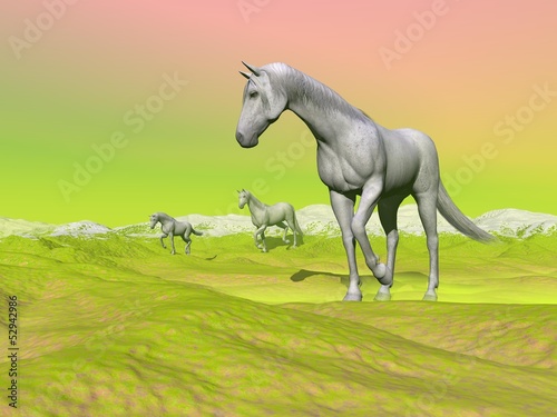 Illustration: Horses in green landscape - 3D render Horses in green landscape - 3D render