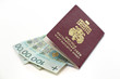 Polish passport with banknotes