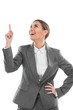 Woman pointing upwards