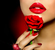 Photo: Beautiful Red Lips, Nails and Rose Flower. Beauty Girl Beautiful Red Lips, Nails and Rose Flower. Beauty Girl