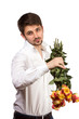 Man with bouquet of red roses.