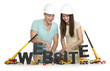 Website under construction: Joyful man and woman building websit