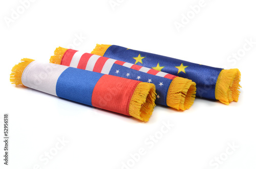 Photo: European Union, Russian Federation and USA flags European Union, Russian Federation and USA flags