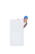 Photo: Chirpy female poster stood with blank panel Chirpy female poster stood with blank panel