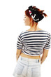 Back view of beautiful young woman looking on side. Rear view
