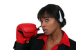 Photo: Call center worker with boxing gloves Call center worker with boxing gloves