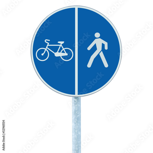 Photo: Bicycle and pedestrian lane road sign on pole post, large blue Bicycle and pedestrian lane road sign on pole post, large blue