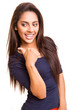 Pretty mix race woman pointing with her arm