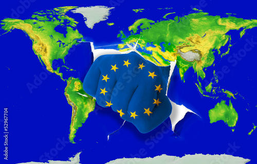 Illustration: Fist in color national flag of europe punching world map Fist in color national flag of europe punching world map