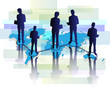 Illustration of several business men and women with tablet