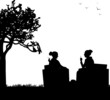Silhouettes of girls in garden smoking cigarettes