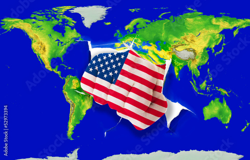 Photo: Fist in color national flag of america punching world map Fist in color national flag of america punching world map