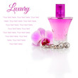 Diamond earrings, perfume and orchid flower with sample text