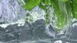 Fresh mint falls under water with a splash. 