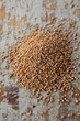 Yellow mustard seeds on a rustic background