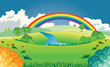hills with trees and sky with rainbow