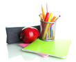 pencil box with school equipment and apple isolated on white