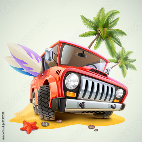 Vector: summer jeep car on beach with palm summer jeep car on beach with palm