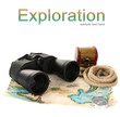 Photo: Black modern binoculars with map of adventure isolated on white Black modern binoculars with map of adventure isolated on white