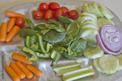 Photo: Silver Plate of Fresh Raw Vegetables Silver Plate of Fresh Raw Vegetables