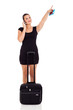 female business traveler pointing up