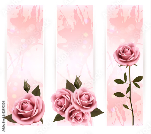 Vector: Three holiday banners with pink beautiful roses. Vector Three holiday banners with pink beautiful roses. Vector
