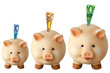 Photo: Drei lachende Sparschweine mit Euro-Geldscheinen Drei lachende Sparschweine mit Euro-Geldscheinen