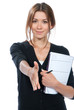 Photo: Young brunette business woman give handshake and smiling Young brunette business woman give handshake and smiling
