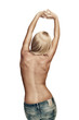 View of nice young woman back on white back