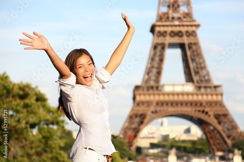 Photo: Travel Paris Eiffel Tower woman happy tourist Travel Paris Eiffel Tower woman happy tourist