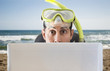man surprised by the offers for holidays and trips on the beach
