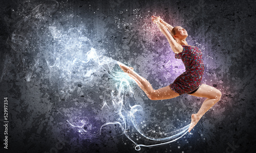 Photo: Girl in color dress dancing.Collage Girl in color dress dancing.Collage