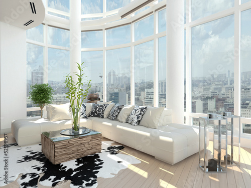 Illustration: Modern Design living room with cityscape view Modern Design living room with cityscape view